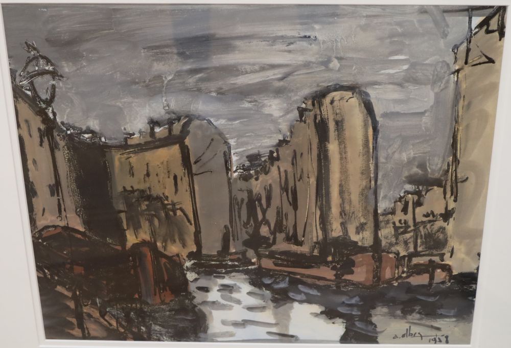 A. Albri?, gouache and watercolour, Waterside houses, signed and dated 1958, 36 x 43cm